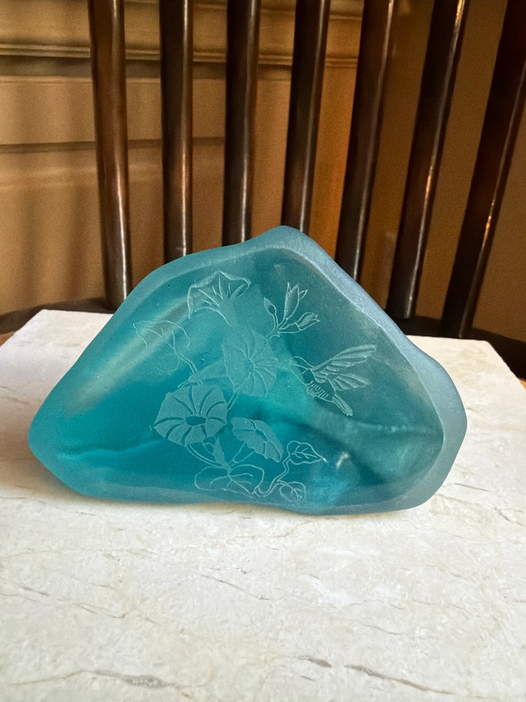 Teal Glass Art Piece with Hummingbird and Flowers