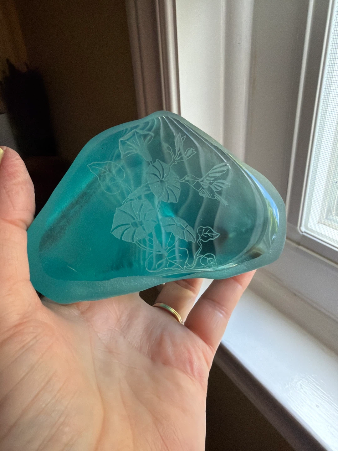 Teal Glass Art Piece with Hummingbird and Flowers - photo 5