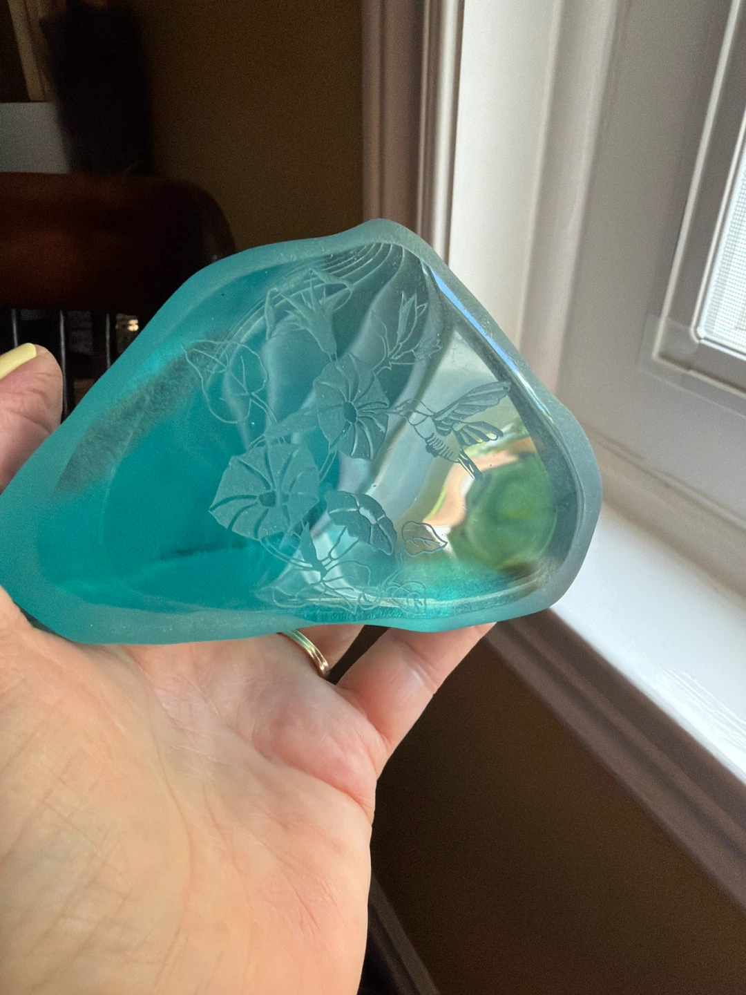 Teal Glass Art Piece with Hummingbird and Flowers - photo 4
