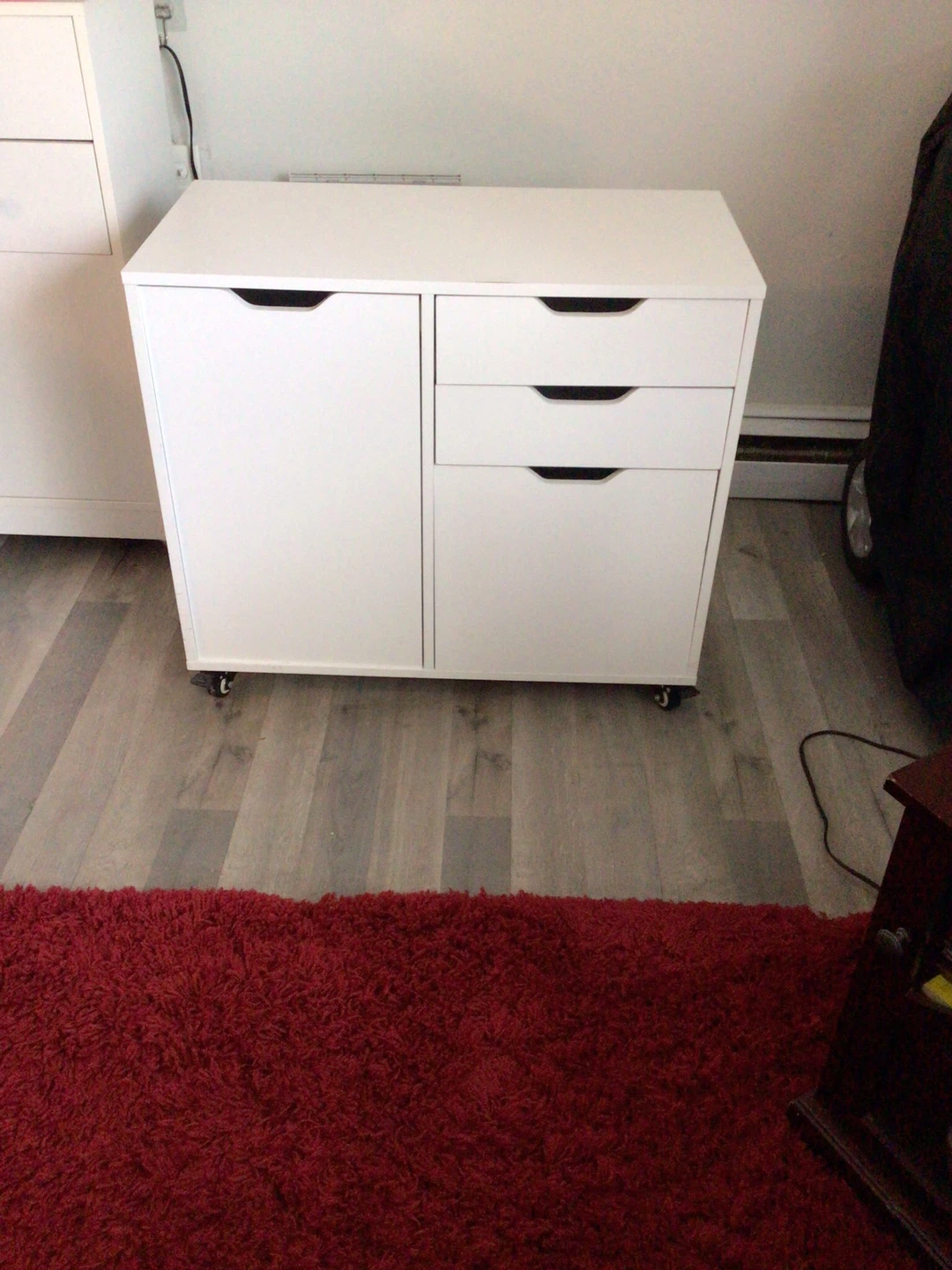 White Rolling Storage Cabinet with Drawers and Door