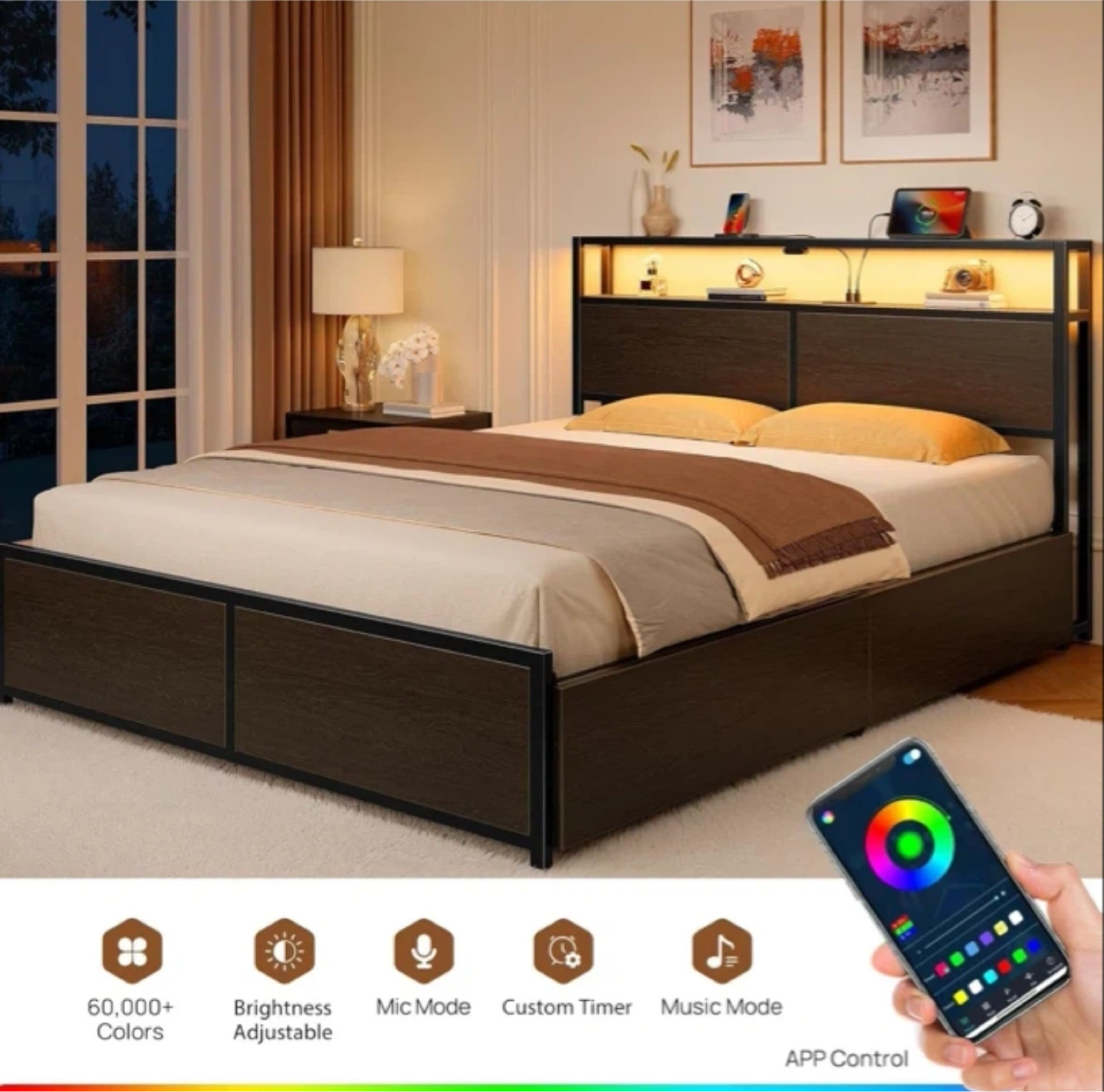 Queen Platform Bed Frame with LED Headboard & Storage Drawers