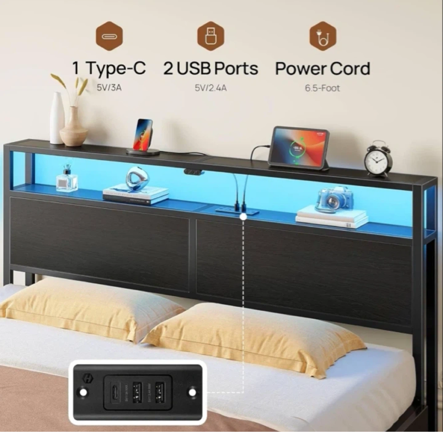 Queen Platform Bed Frame with LED Headboard & Storage Drawers - photo 2