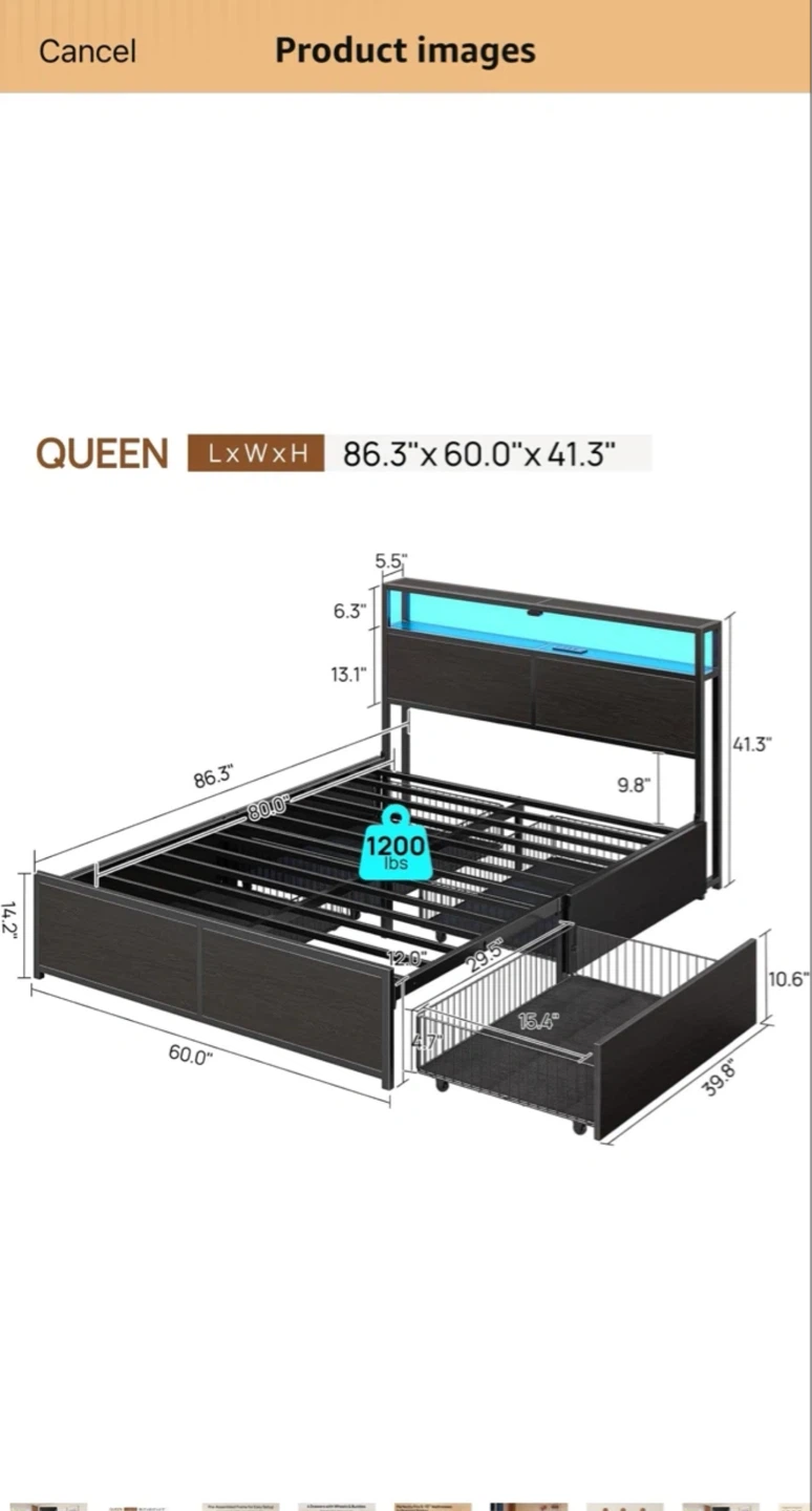 Queen Platform Bed Frame with LED Headboard & Storage Drawers - photo 5