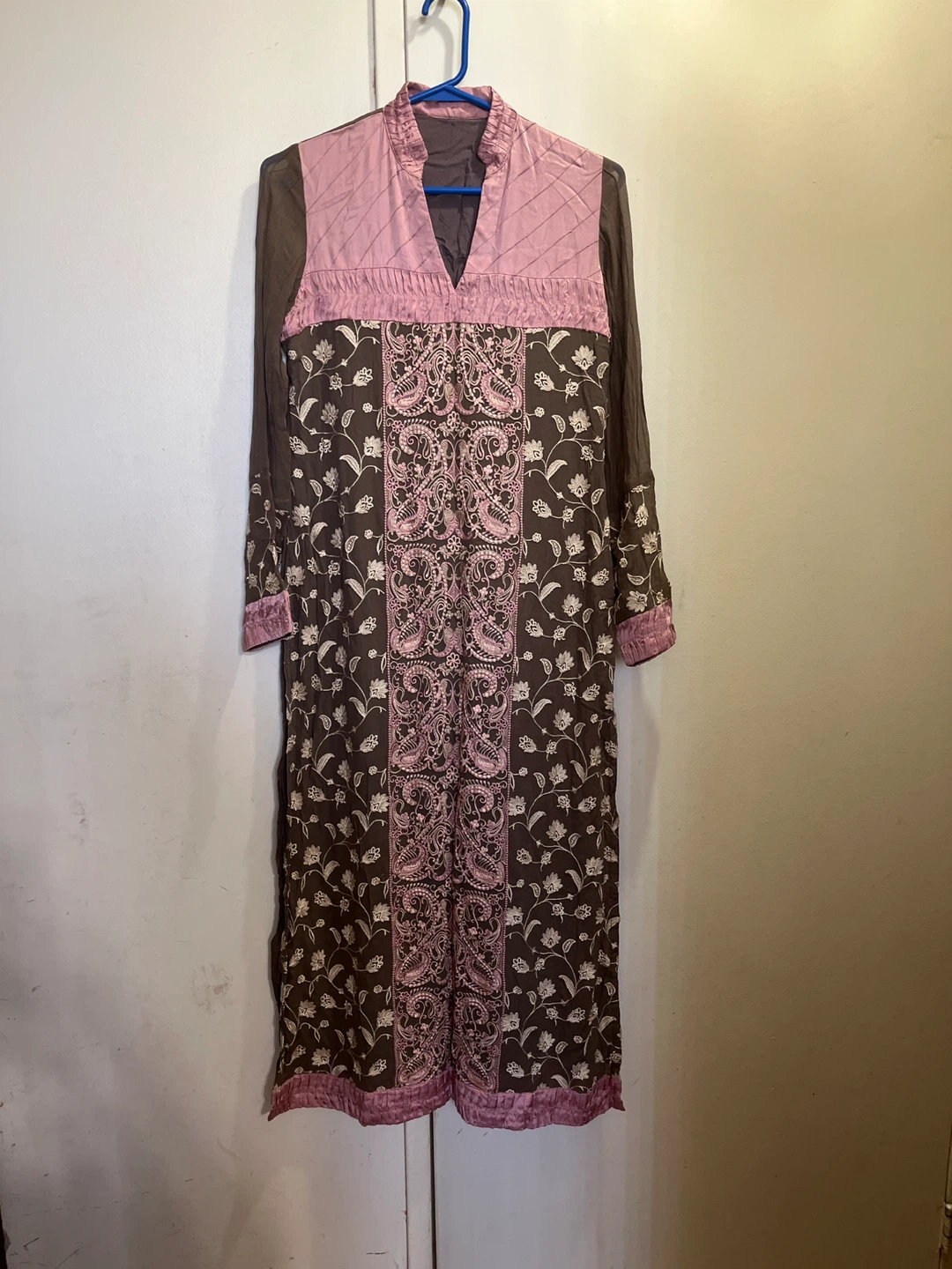 Brown and Pink Embroidered Kurti with Pants and Dupatta