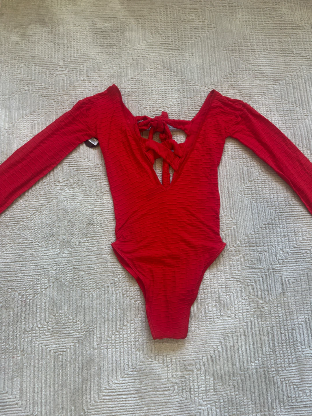 New Red Textured Long Sleeve Bodysuit