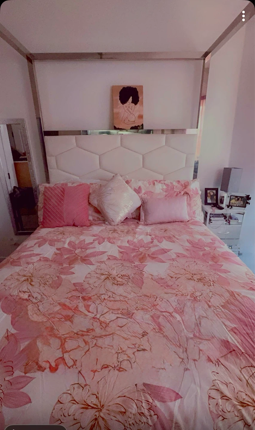 Queen Canopy Bed Frame with Upholstered Headboard