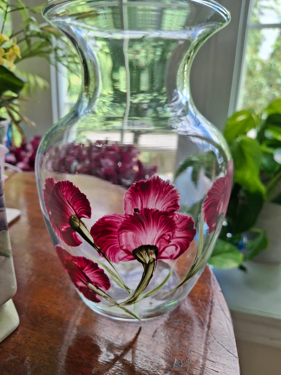 Clear glass vase with painted flowers