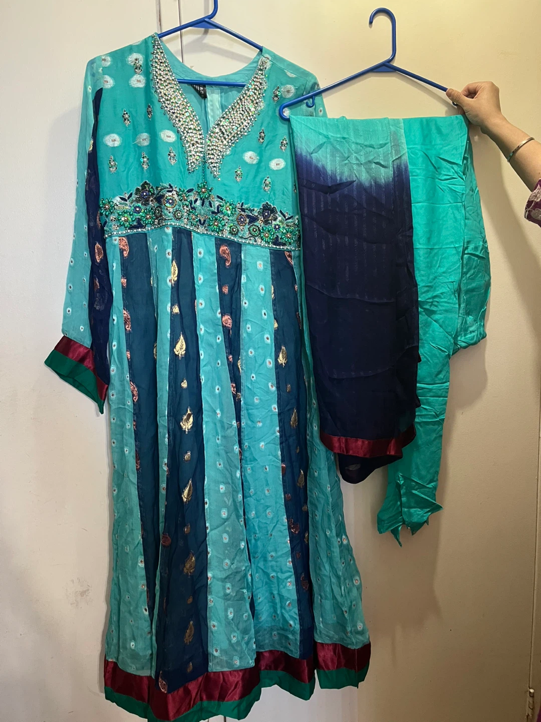 Teal & Navy Embellished Anarkali Suit with Pants and Dupatta