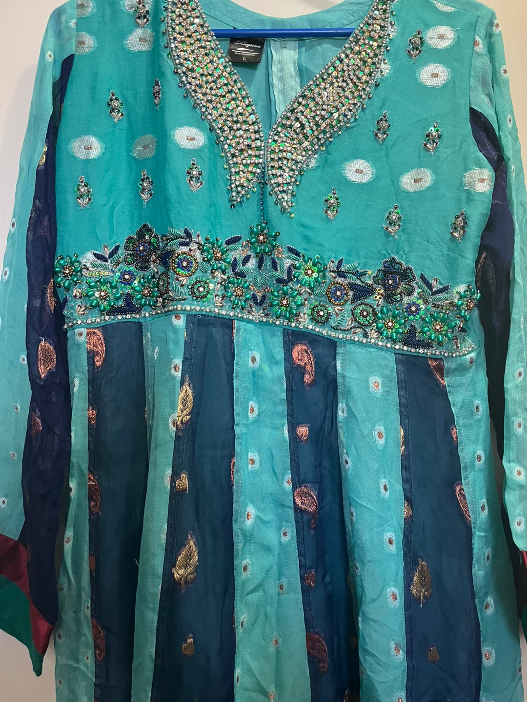Teal & Navy Embellished Anarkali Suit with Pants and Dupatta - photo 2