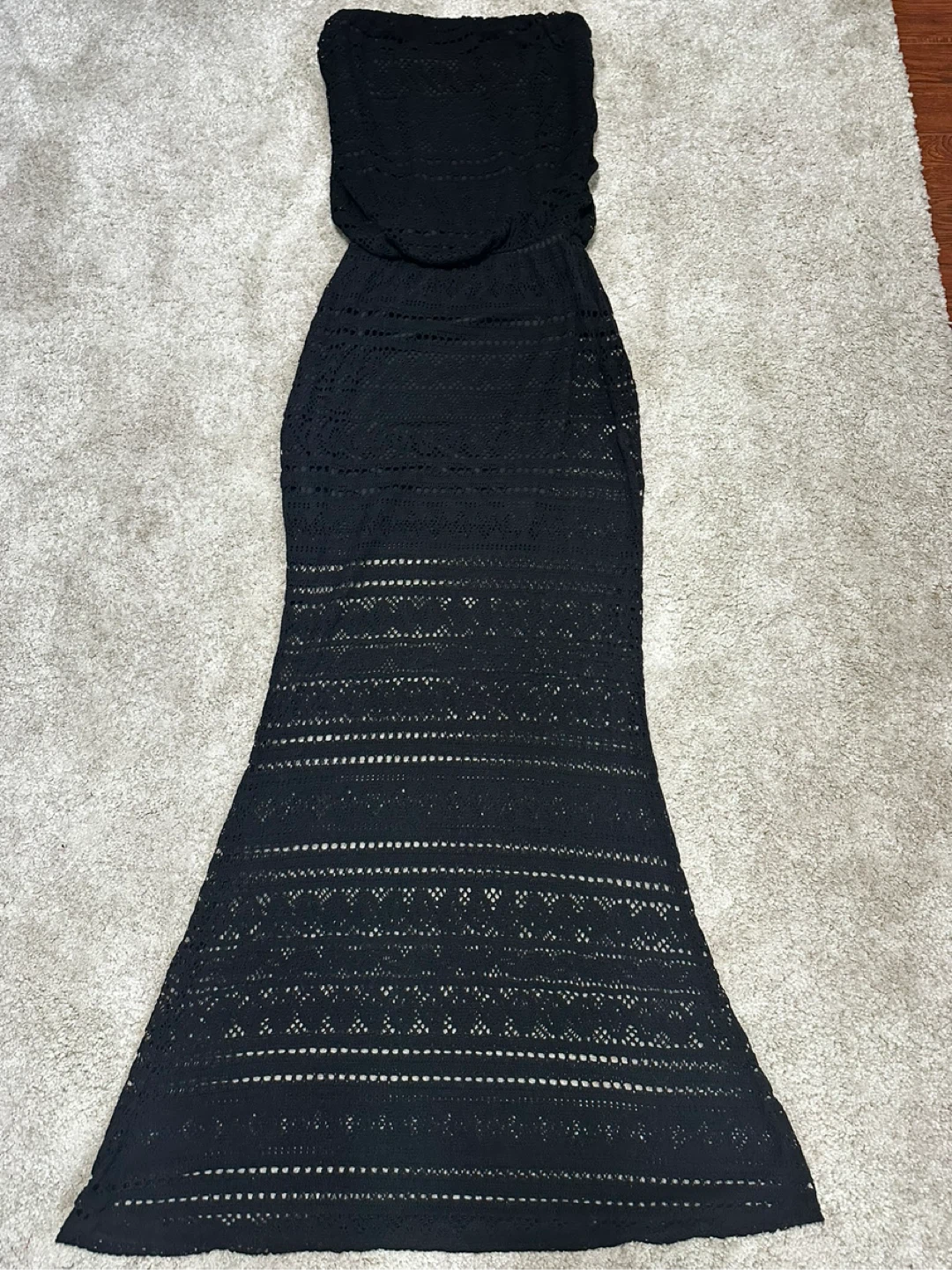 S-twelve Black Strapless Crochet Maxi Dress