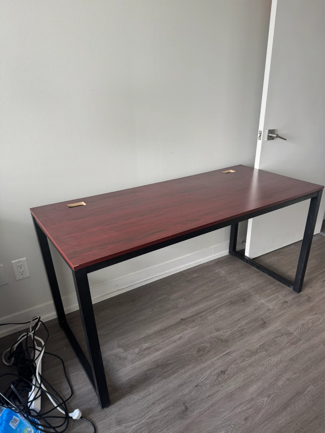 Dark Wood Grain Desk with Black Metal Legs
