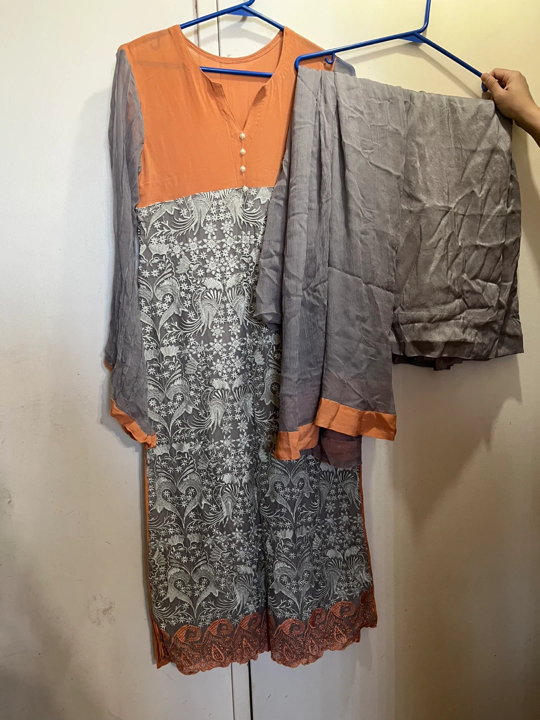 Orange and Grey Embroidered Kurti with Pants - photo 2