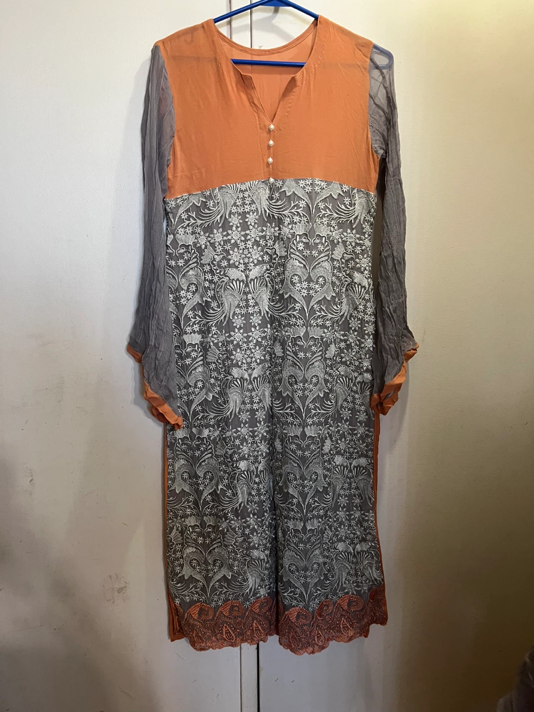Orange and Grey Embroidered Kurti with Pants