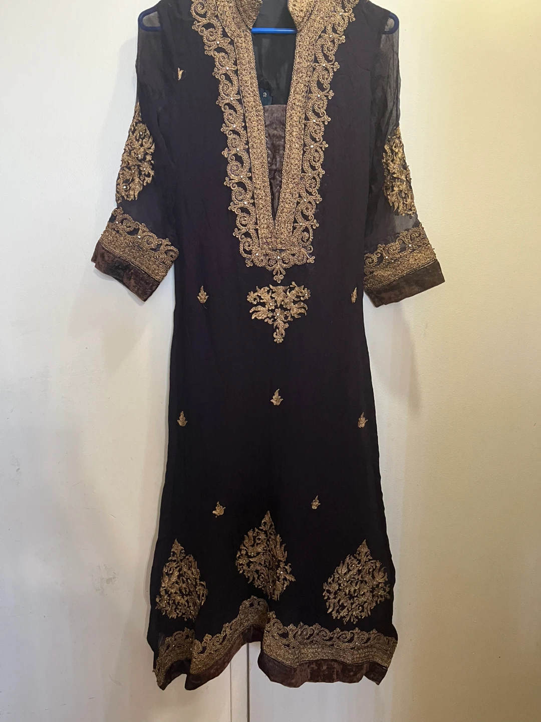 Embroidered Dark Purple Kurti with Pants and Dupatta