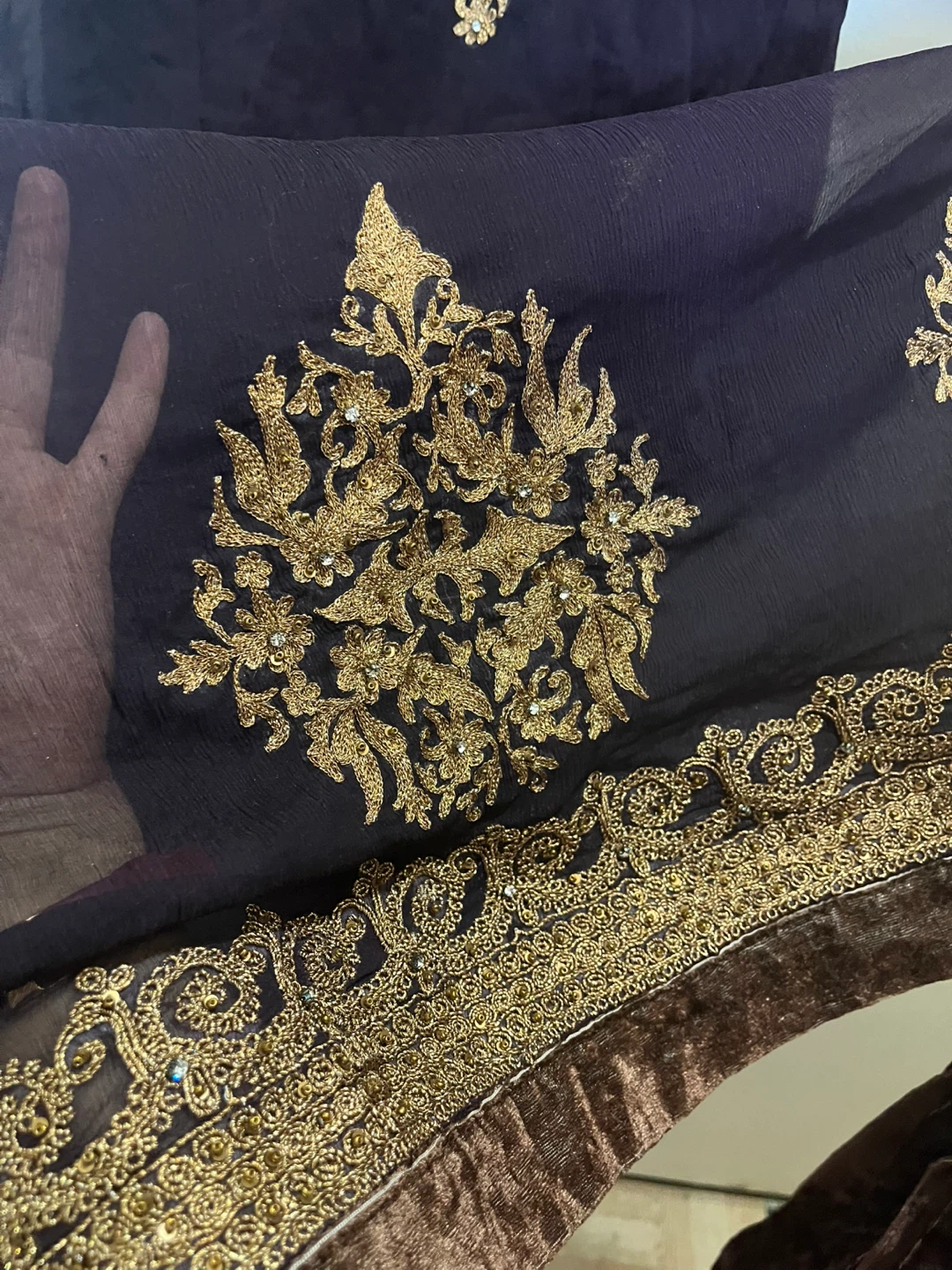 Embroidered Dark Purple Kurti with Pants and Dupatta - photo 3