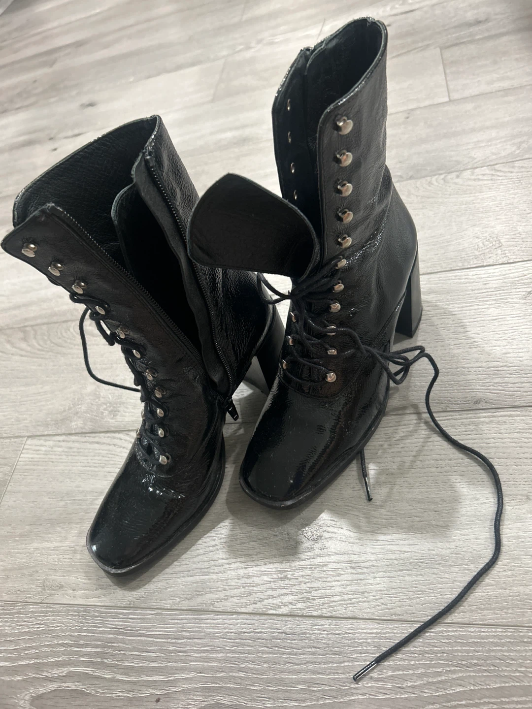 Black Patent Lace-Up Heeled Boots - photo 3