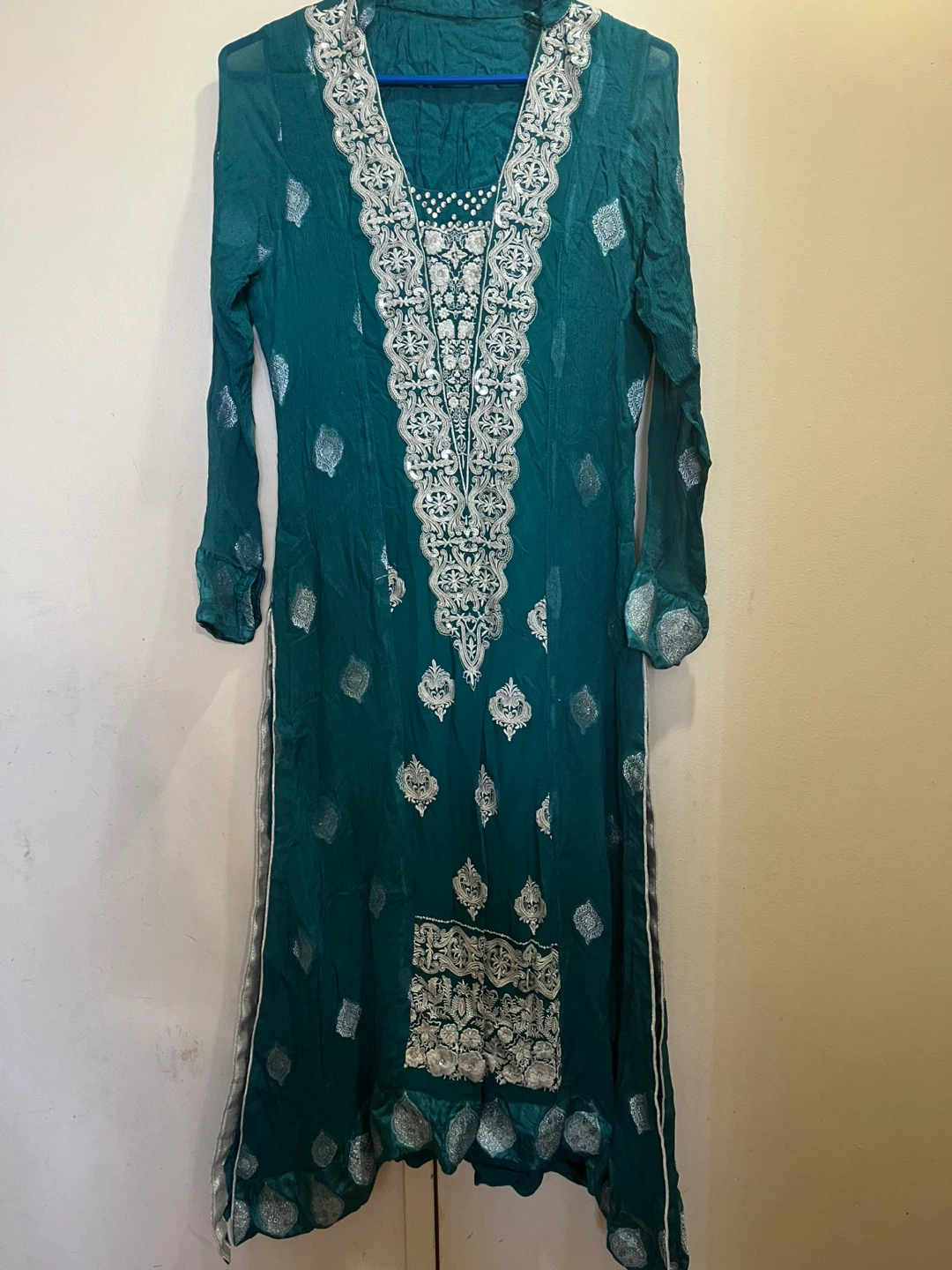 Teal Kameez Shalwar with Silver Embroidery