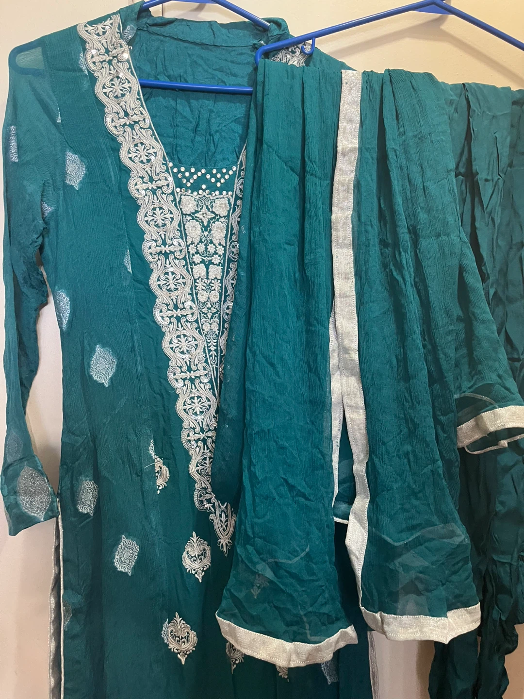 Teal Kameez Shalwar with Silver Embroidery - photo 3