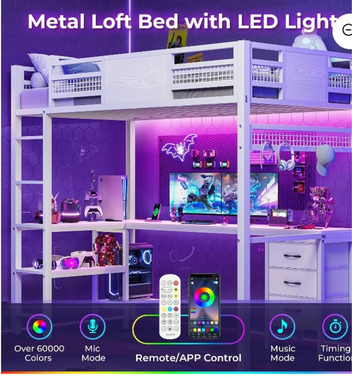 Metal Loft twin size Bed with LED Lights and Charging Station - photo 3