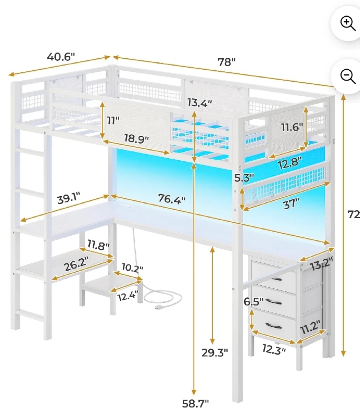 Metal Loft twin size Bed with LED Lights and Charging Station - photo 2