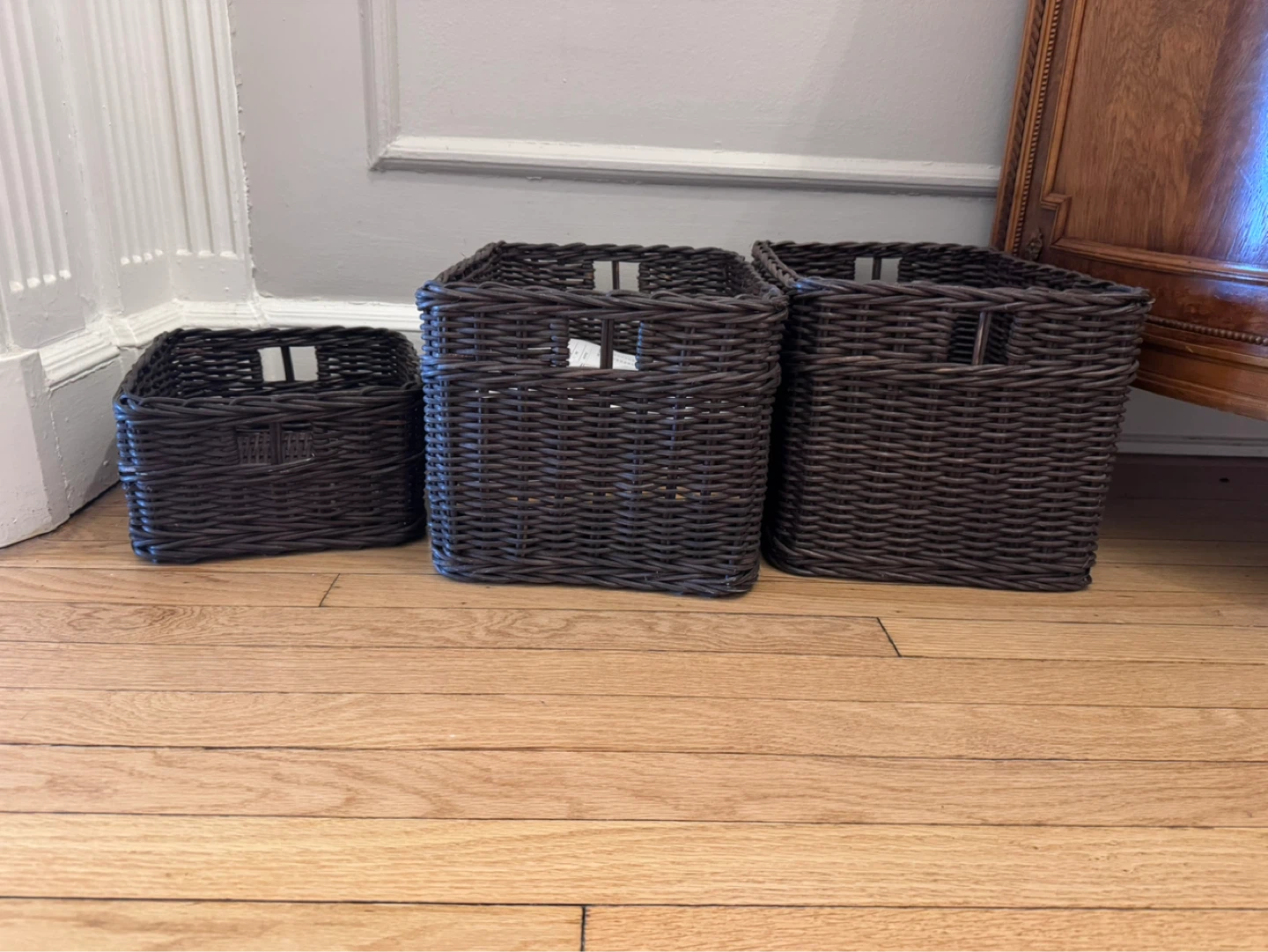 Set of 3 Dark Brown Woven Storage Baskets