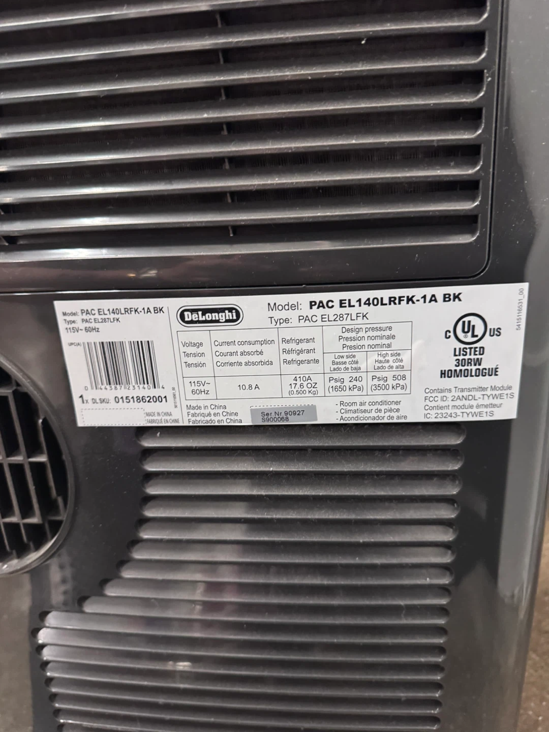 DeLonghi PAC EL140LRFK-1A BK Portable Air Conditioner