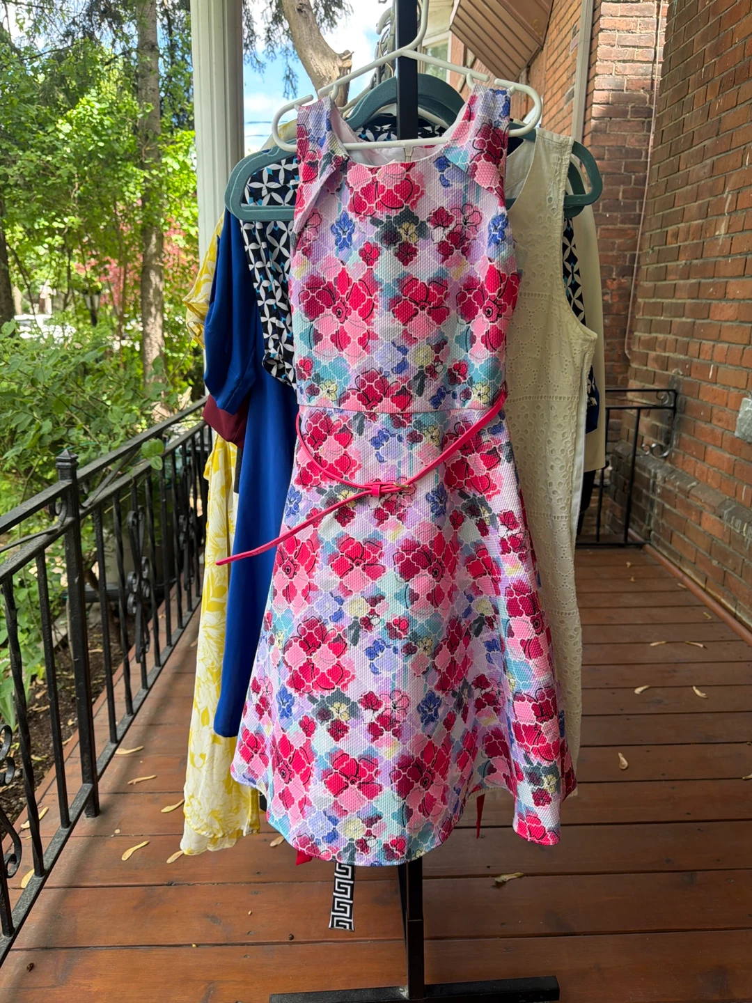Girl's Patterned Dress with Pink Belt