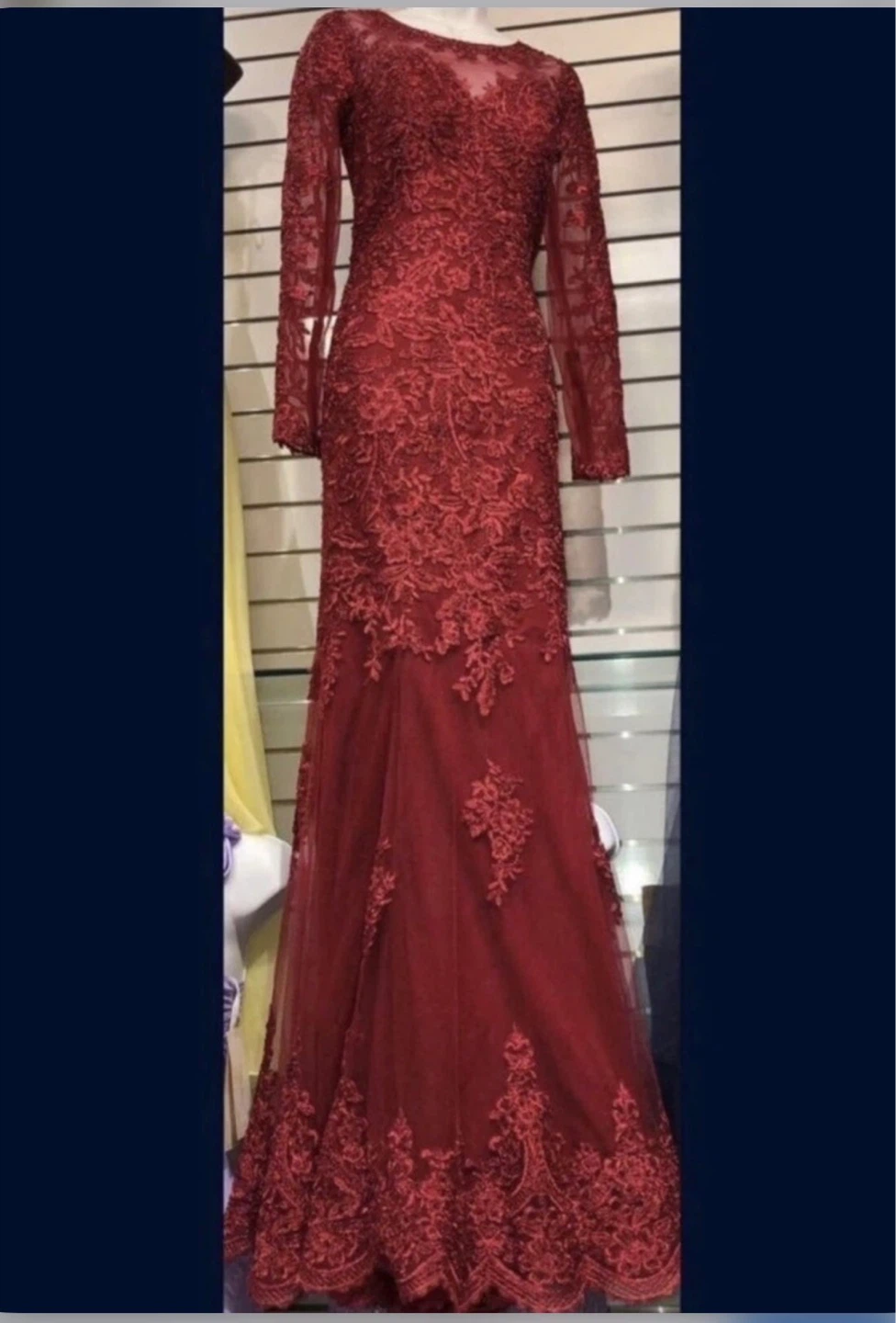 Red Lace Long Sleeve Evening Gown