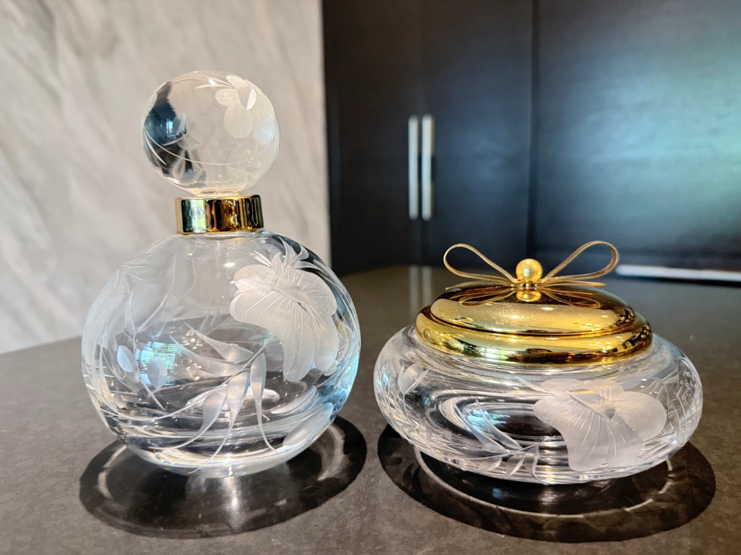 Engraved Crystal Perfume Bottle and Pot with Gold Lids