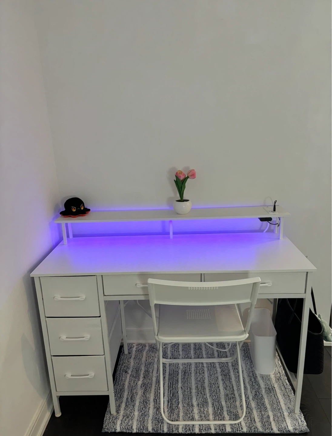 White Desk with LED Lighting and Drawers