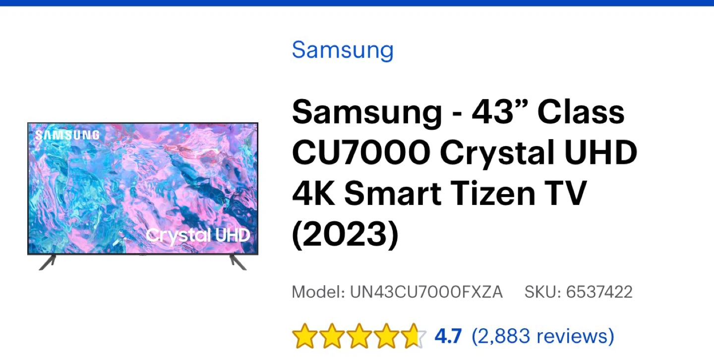 Samsung 43" Class CU7000 Crystal UHD 4K Smart Tizen TV (2023)