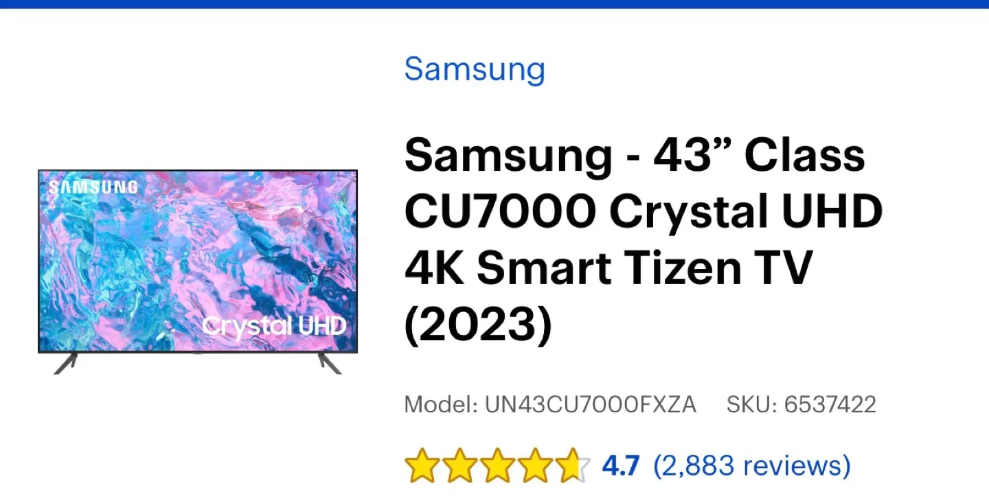Samsung 43" Class CU7000 Crystal UHD 4K Smart Tizen TV (2023)