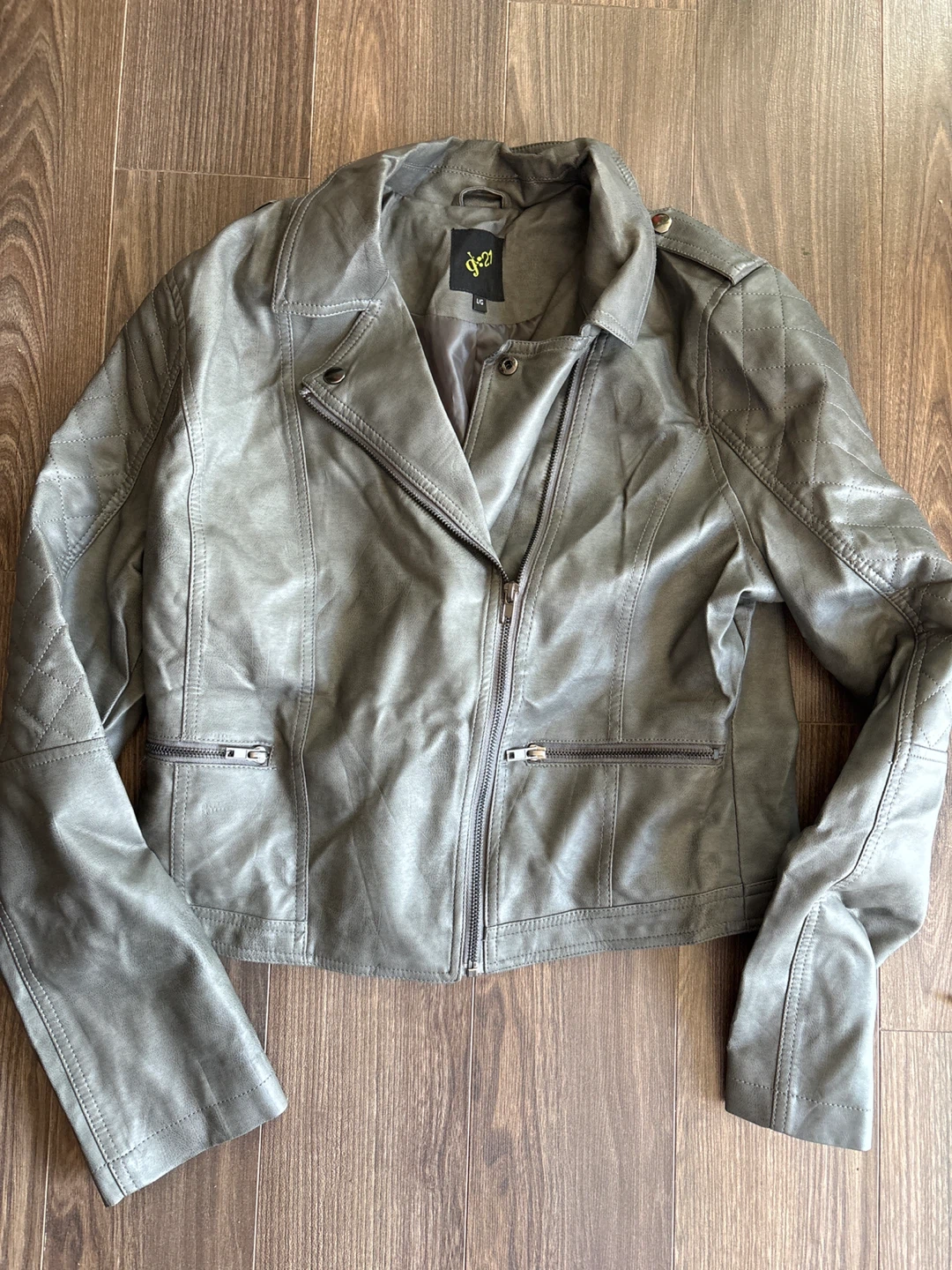 G21 Grey Faux Leather Biker Jacket - Size L