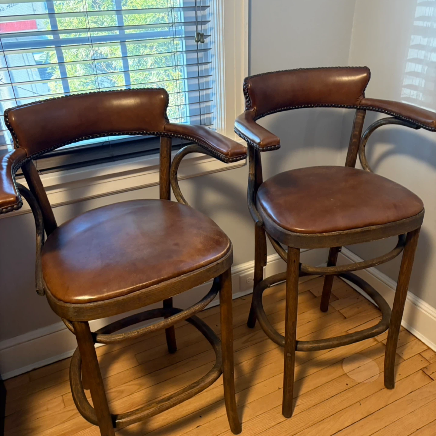 RH Brown Leather Bar Stools (Set of 2)
