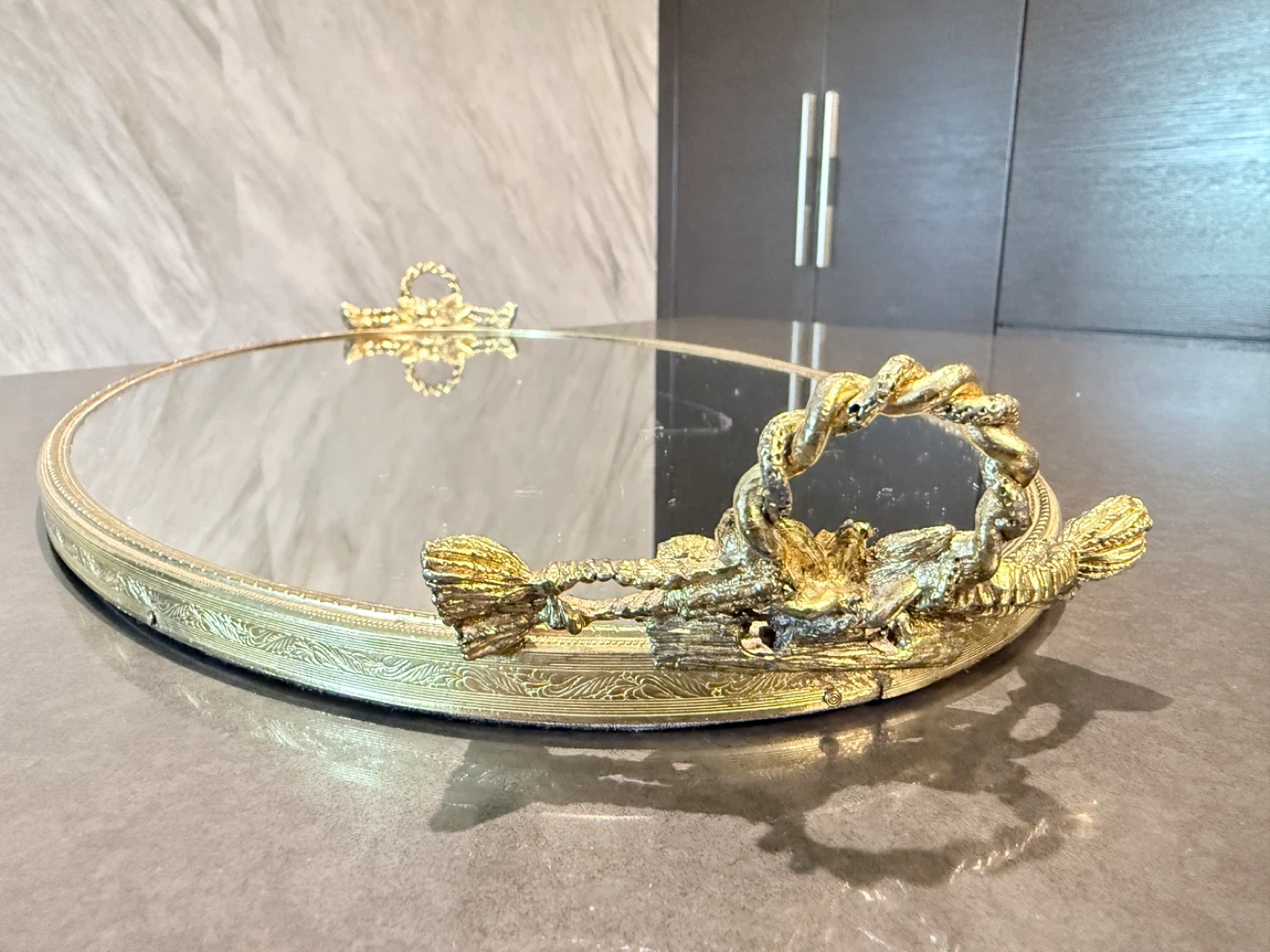Vintage Oval Mirrored Tray with Handles - photo 2