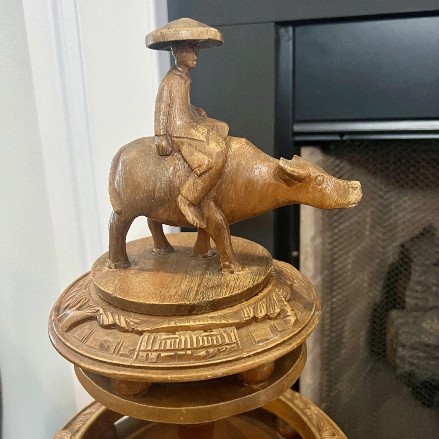 Carved Wooden Tiered Serving Tray with Figurine - photo 2