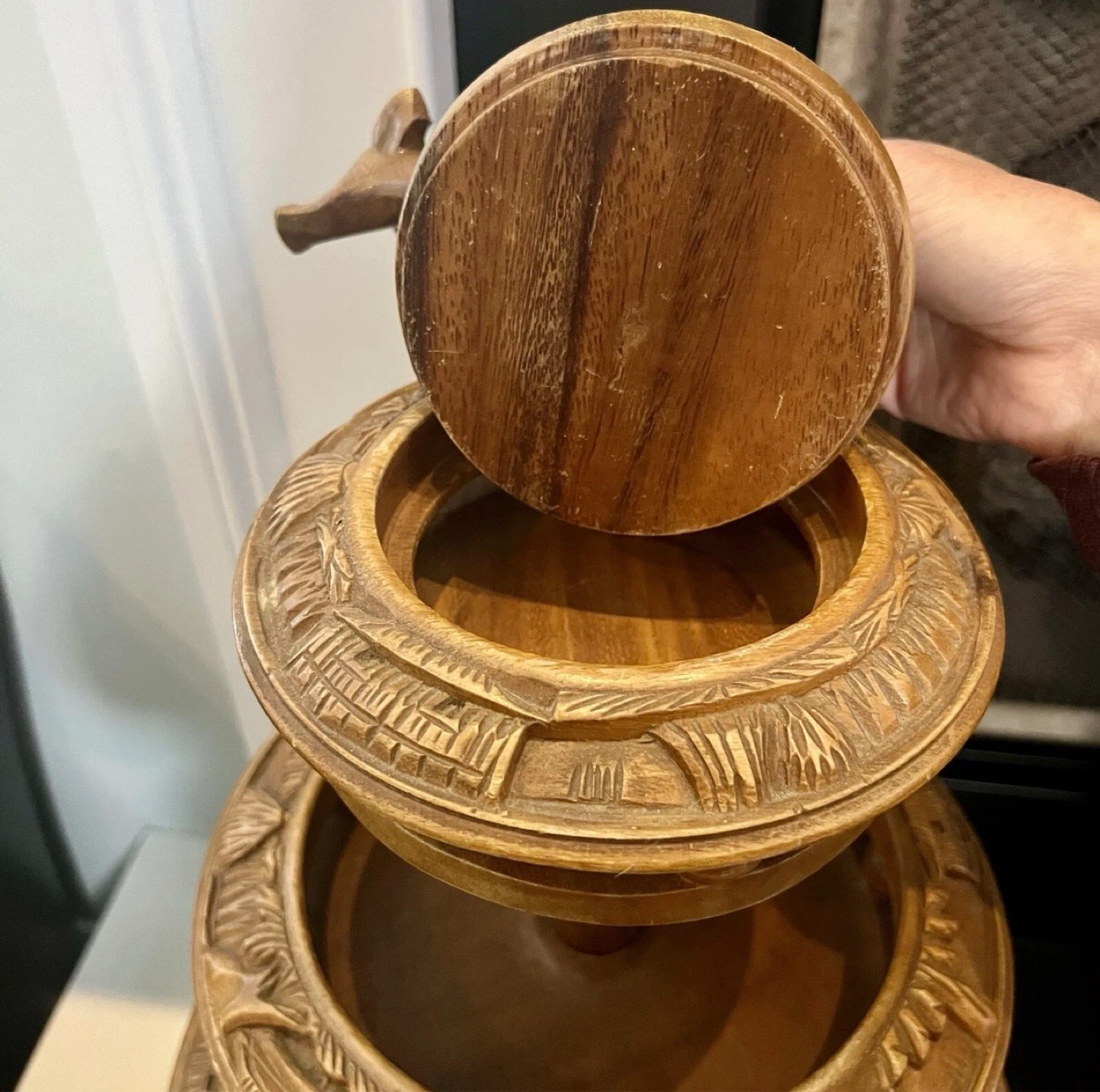 Carved Wooden Tiered Serving Tray with Figurine - photo 3