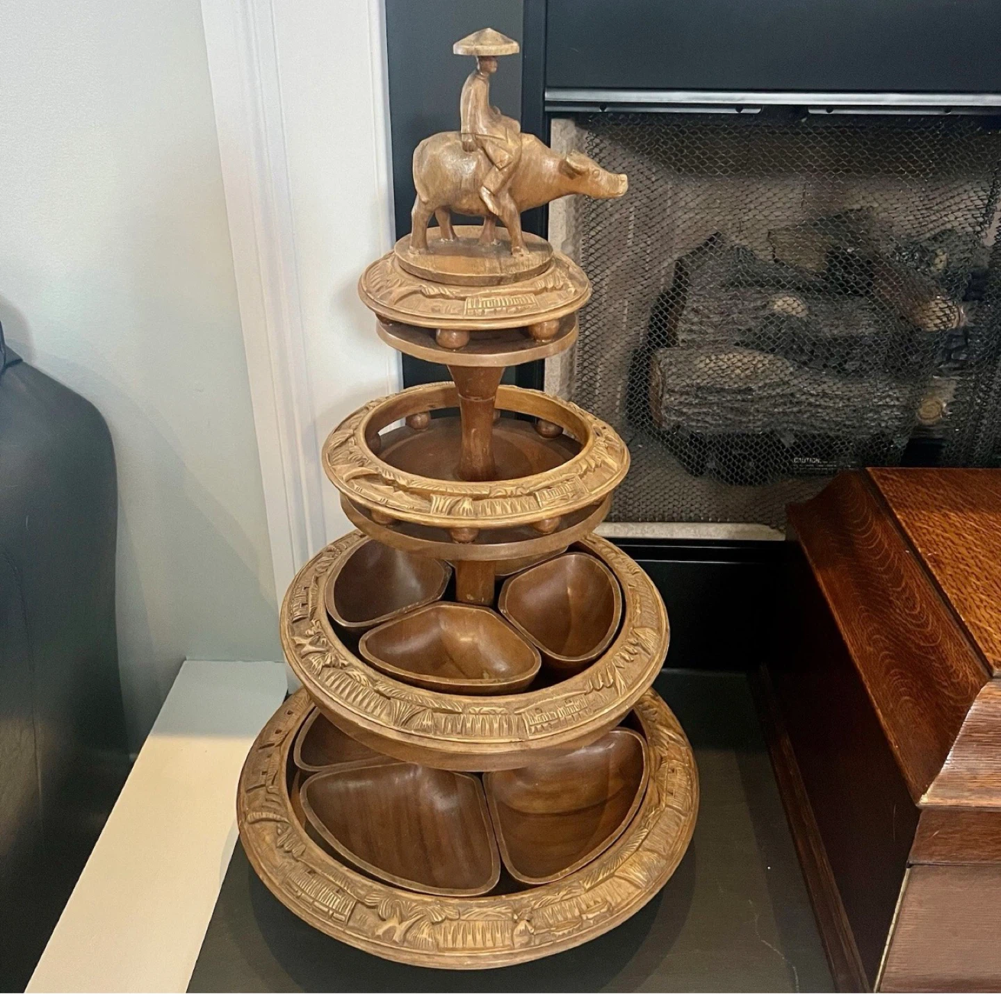 Carved Wooden Tiered Serving Tray with Figurine