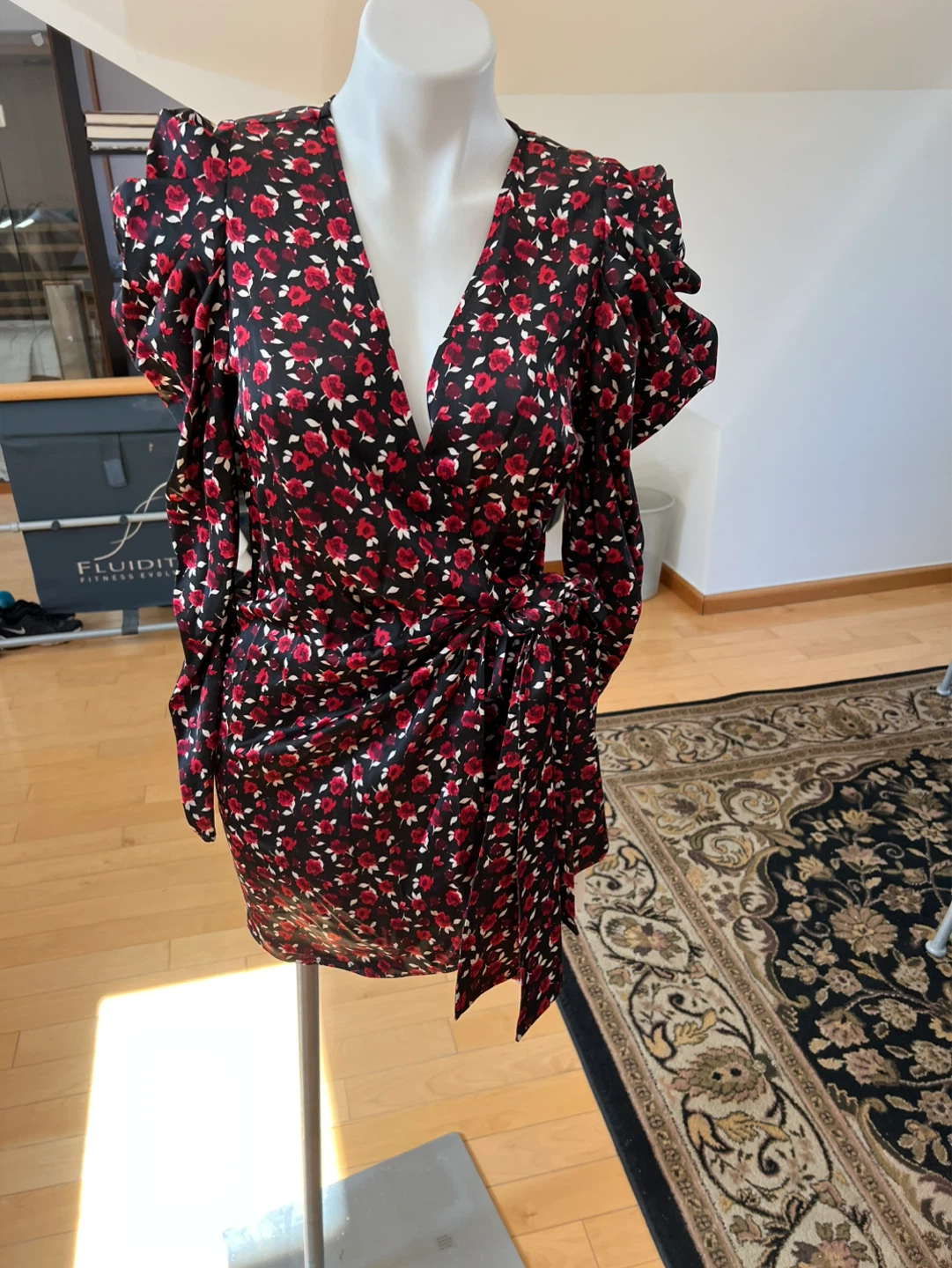 Something Navy Black Rose Ditsy Wrap Dress - Size S