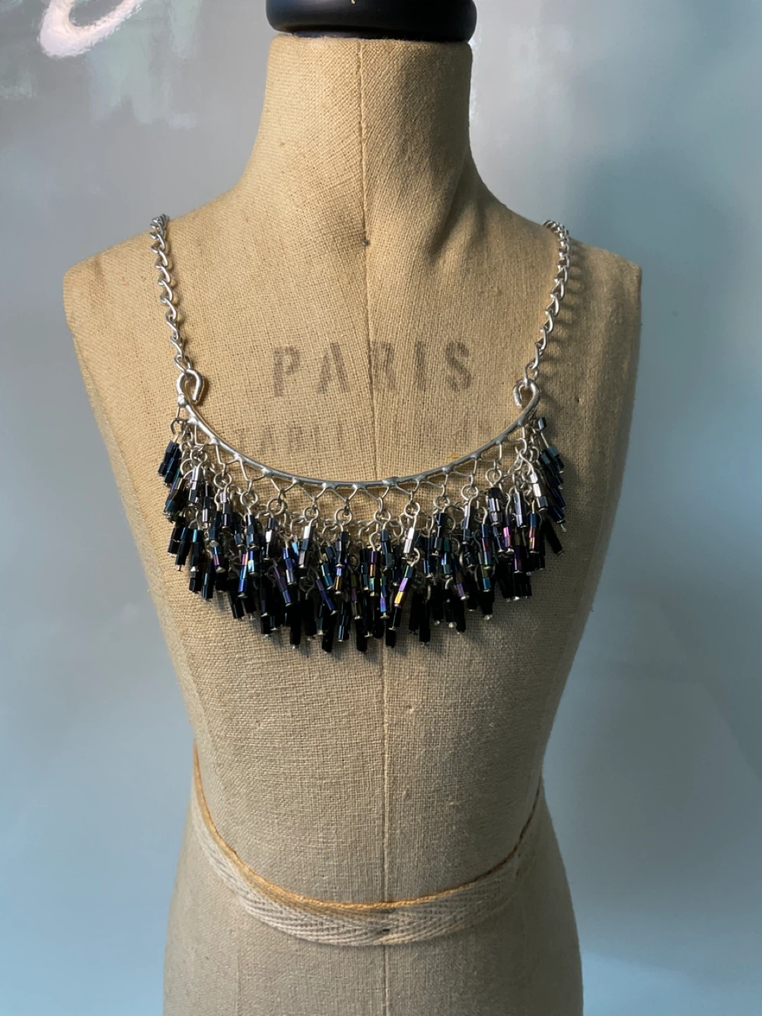 Iridescent Beaded Fringe Necklace Silver Tone