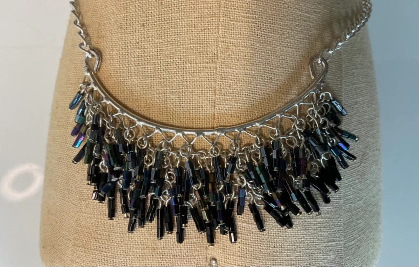 Iridescent Beaded Fringe Necklace Silver Tone - photo 3