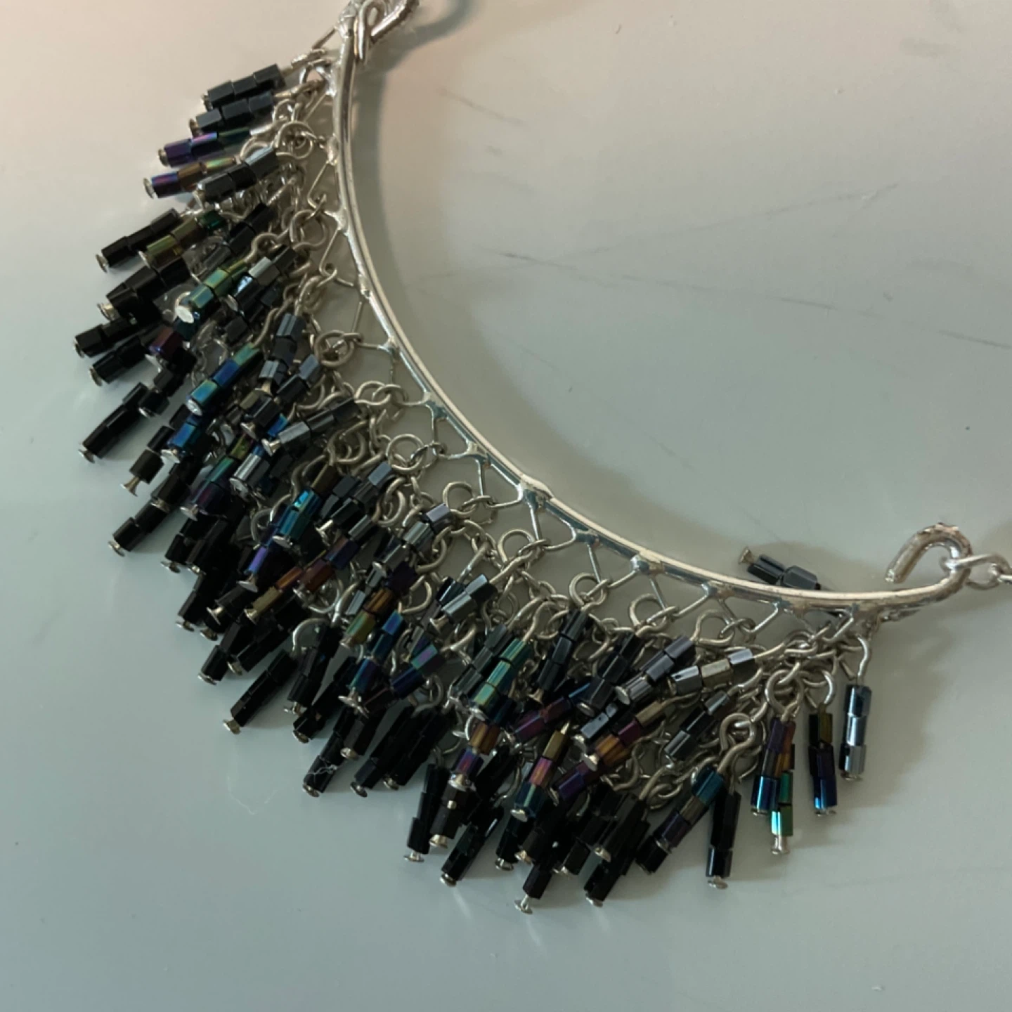 Iridescent Beaded Fringe Necklace Silver Tone - photo 2