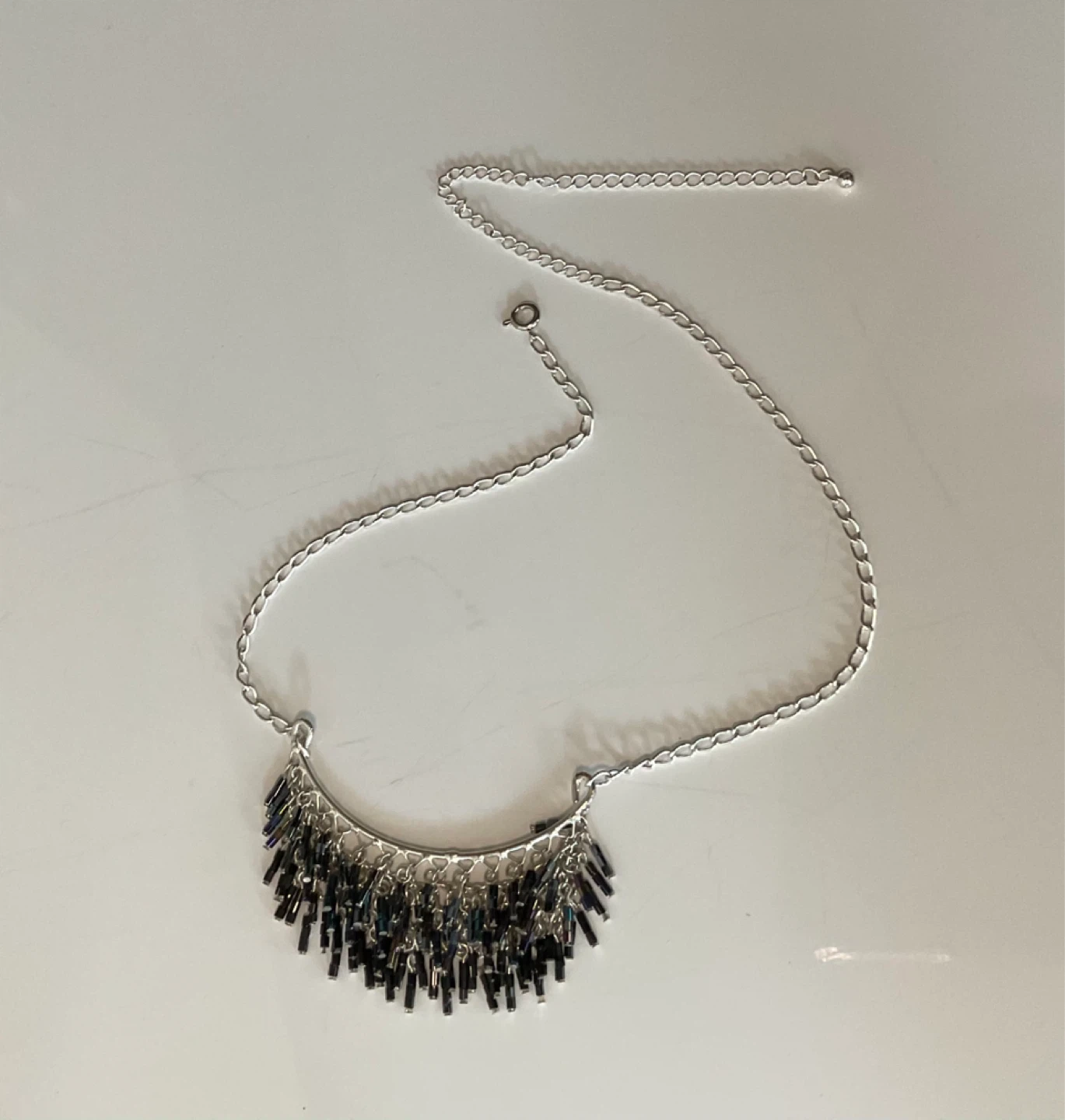 Iridescent Beaded Fringe Necklace Silver Tone - photo 4