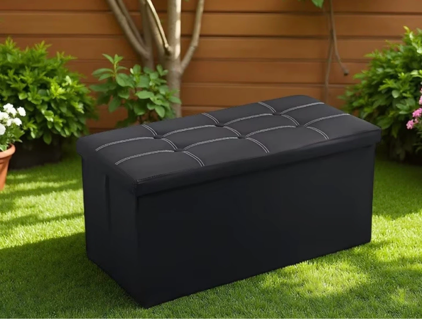Leather Black Tufted Storage Ottoman Bench