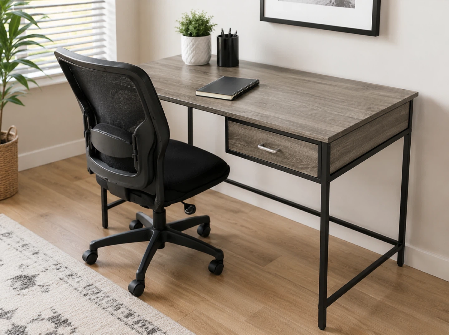 New Grey Wood Grain Desk with Drawer and office chair