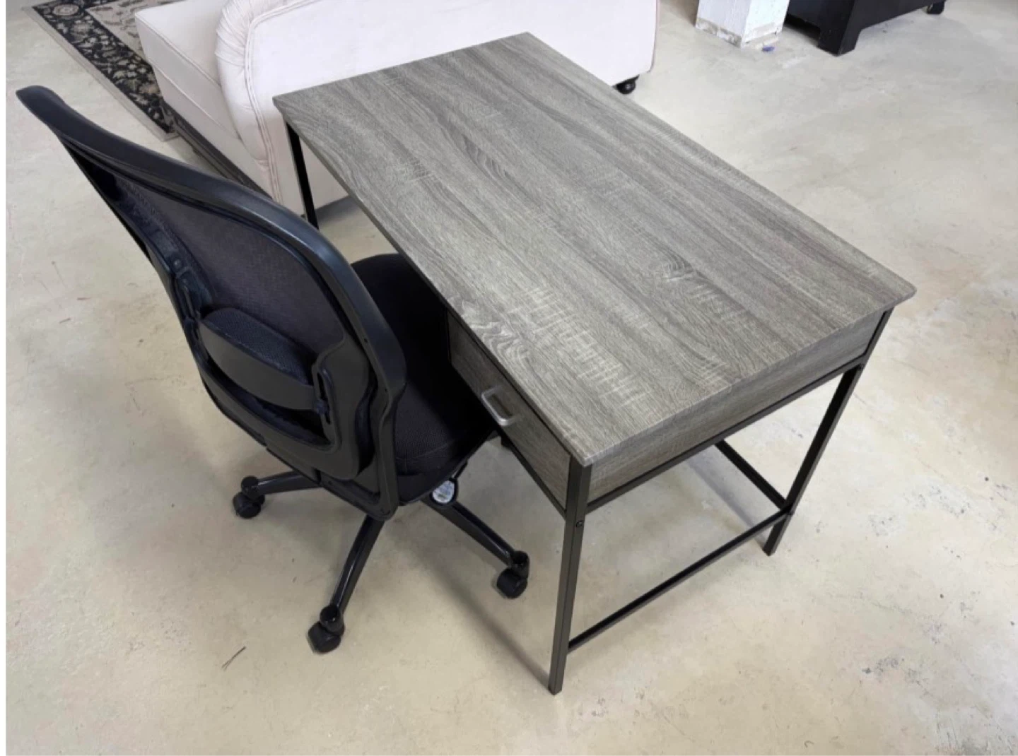 New Grey Wood Grain Desk with Drawer and office chair - photo 2