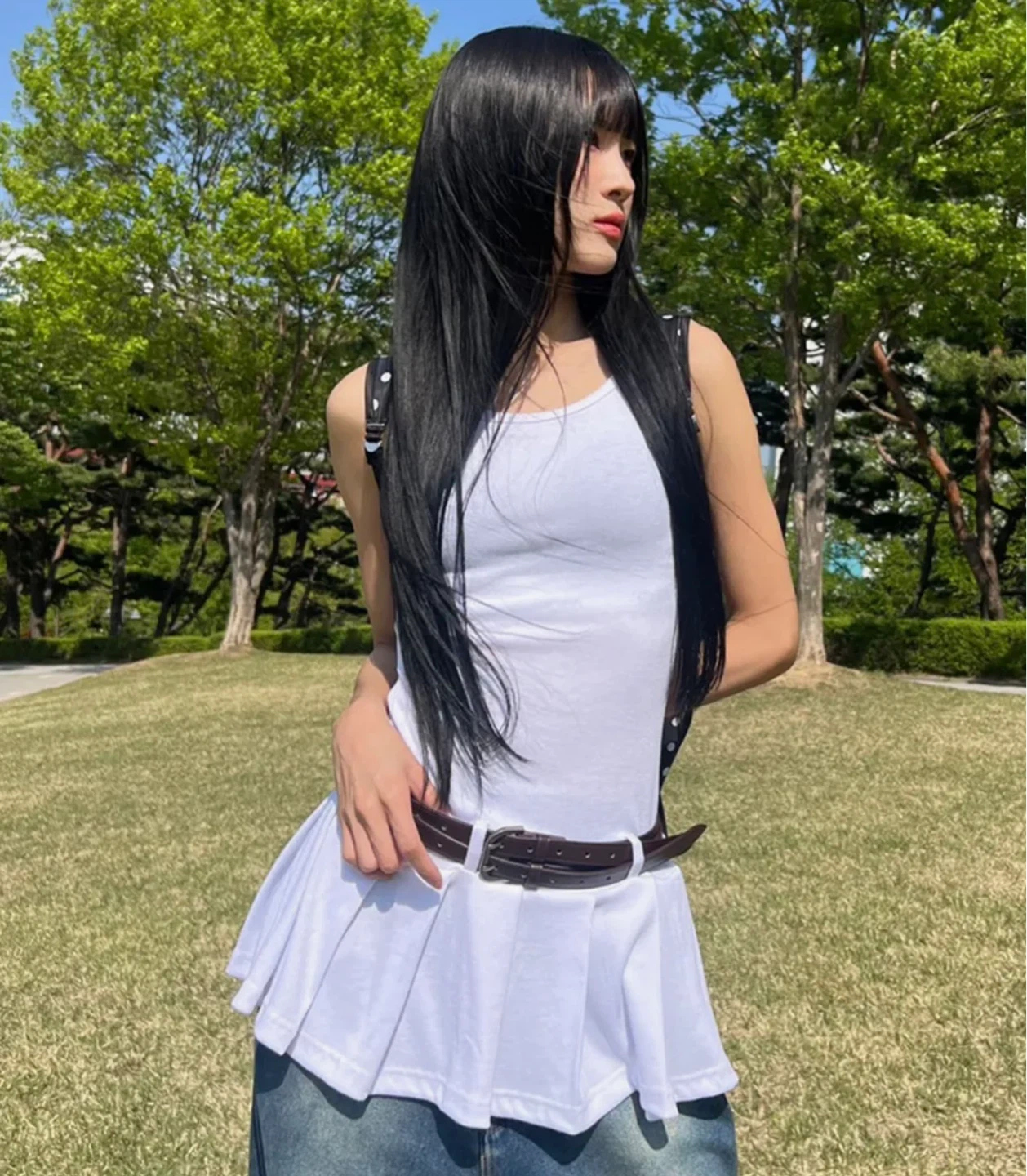 CHICKS White Ribbed Tank Dress with Pleated Skirt