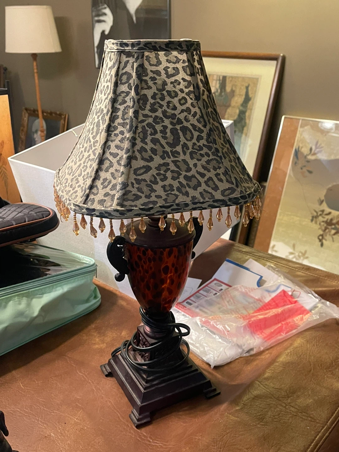 Leopard Print Table Lamp with Beaded Trim - photo 2