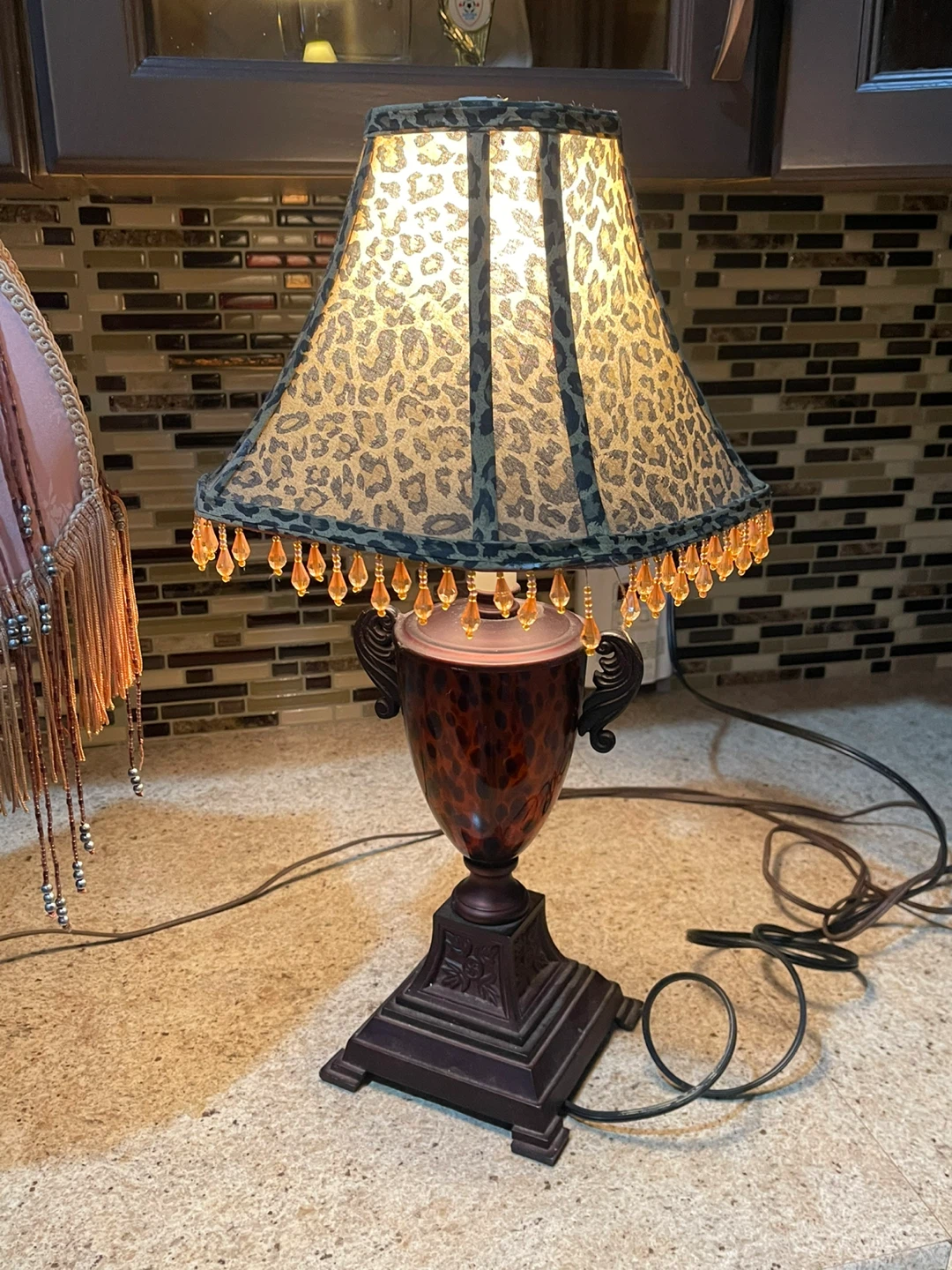 Leopard Print Table Lamp with Beaded Trim