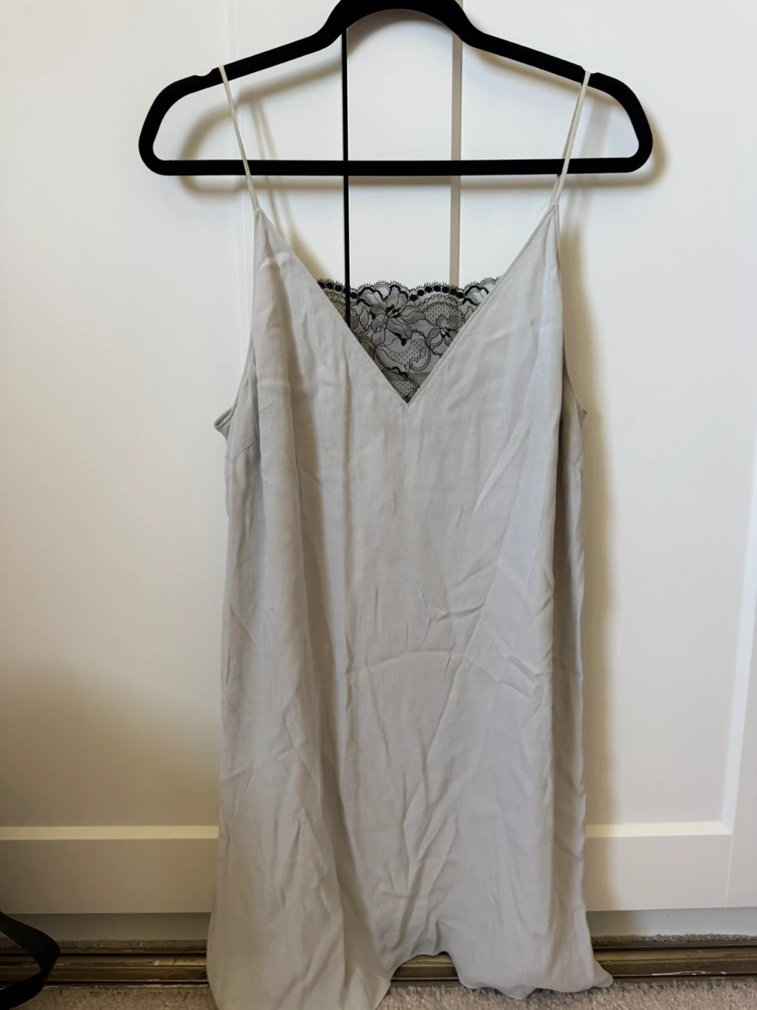 Light Grey satin dress with Black Lace Trim